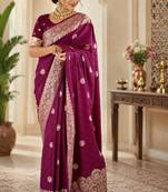Wine silk with zari weave work saree with unstitched blouse piece