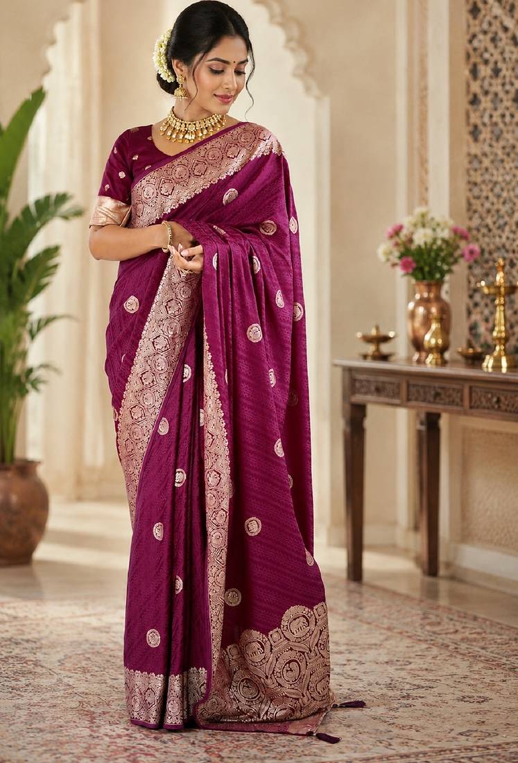Wine silk with zari weave work saree with unstitched blouse piece