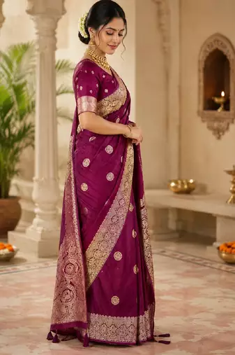 Wine silk with zari weave work saree with unstitched blouse piece