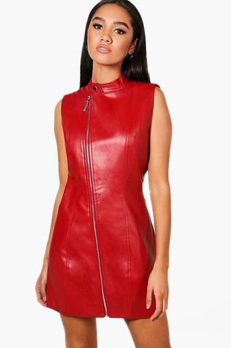 Women’s red lambskin dress fit & flare zip closure sleeveless dress