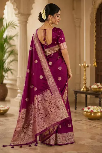 Wine silk with zari weave work saree with unstitched blouse piece