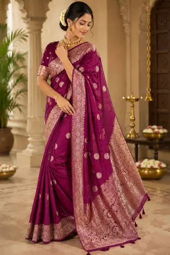 Wine silk with zari weave work saree with unstitched blouse piece