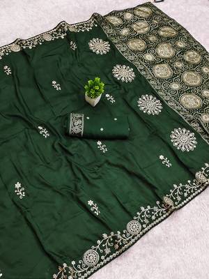 Green satin with zari embrodery work saree with unstitched blouse piece 1
