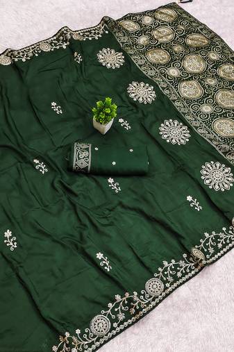 Green satin with zari embrodery work saree with unstitched blouse piece