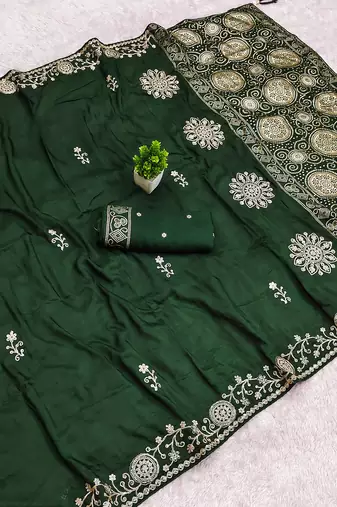 Green satin with zari embrodery work saree with unstitched blouse piece
