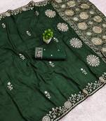 Green satin with zari embrodery work saree with unstitched blouse piece