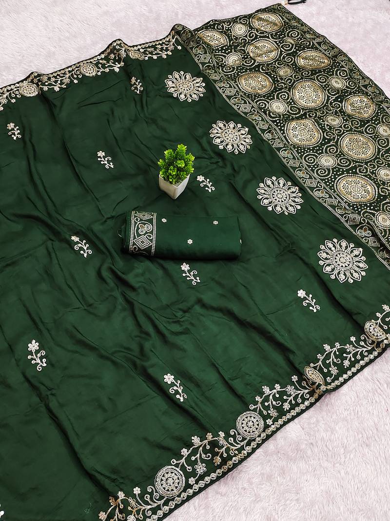 Green satin with zari embrodery work saree with unstitched blouse piece