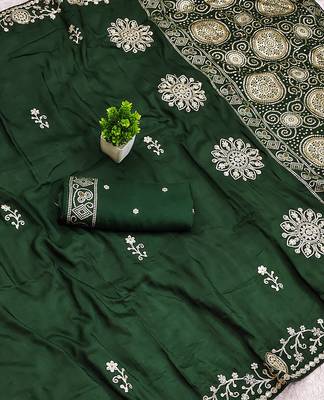 Green satin with zari embrodery work saree with unstitched blouse piece 2