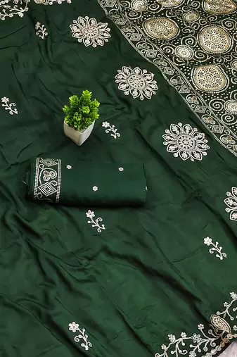 Green satin with zari embrodery work saree with unstitched blouse piece