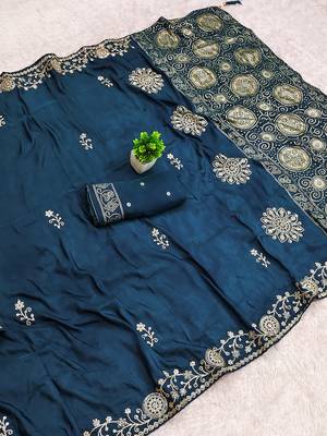 Blue silk with zari weave work saree with unstitched blouse piece 1