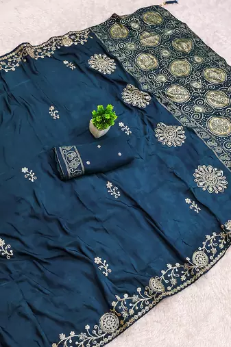 Blue silk with zari weave work saree with unstitched blouse piece