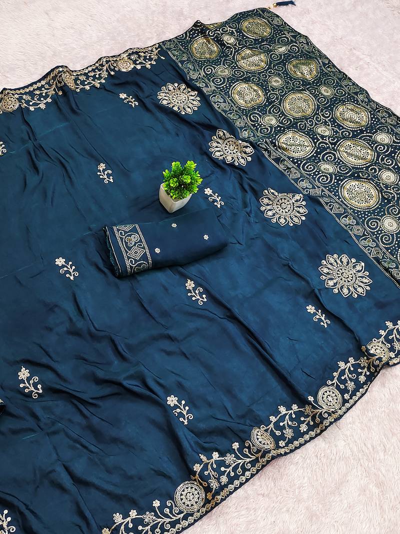 Blue silk with zari weave work saree with unstitched blouse piece