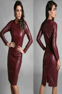 Genuine lambskin maroon dresswomen’s full sleeve bold dress 1