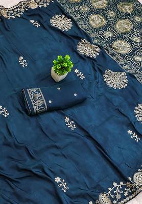 Blue silk with zari weave work saree with unstitched blouse piece 2