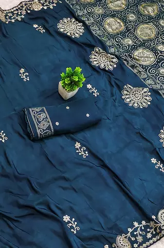 Blue silk with zari weave work saree with unstitched blouse piece
