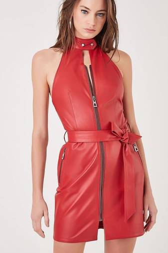 Women’s red lambskin dressleather style zip dress
