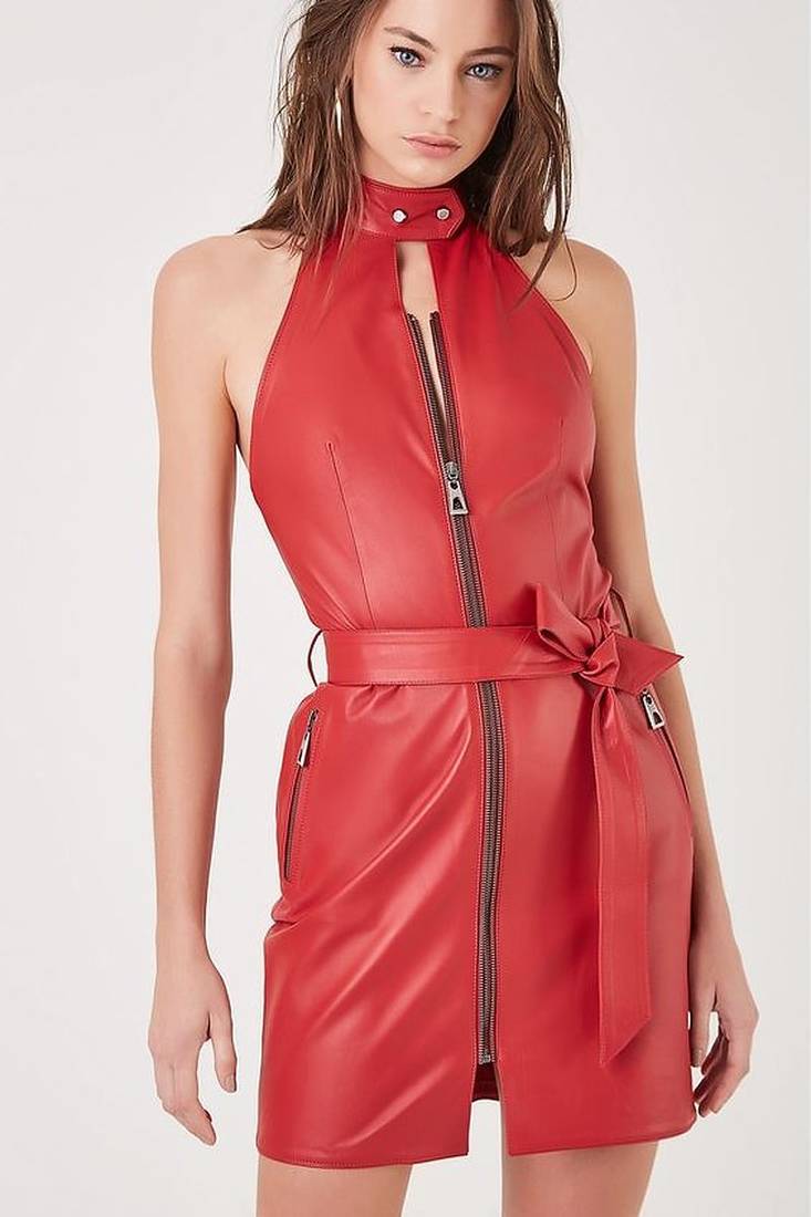 Women’s red lambskin dressleather style zip dress