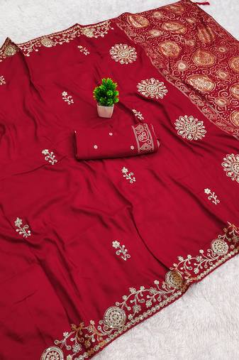 Red satin with zari embrodery work saree with unstitched blouse piece