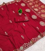 Red satin with zari embrodery work saree with unstitched blouse piece