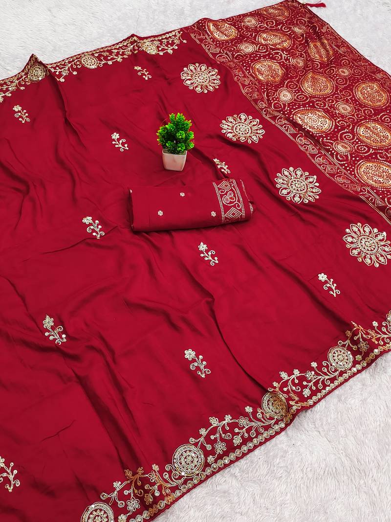 Red satin with zari embrodery work saree with unstitched blouse piece