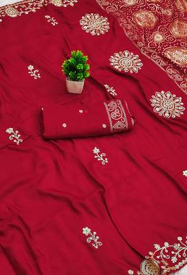 Red satin with zari embrodery work saree with unstitched blouse piece 2