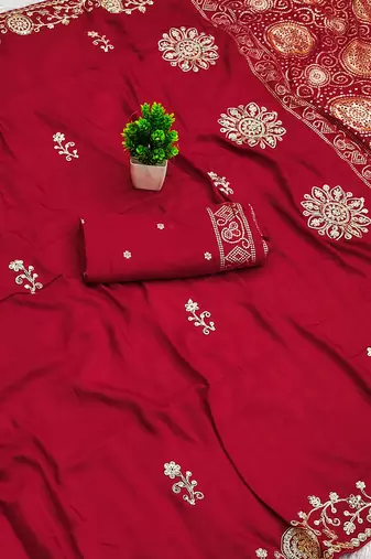 Red satin with zari embrodery work saree with unstitched blouse piece