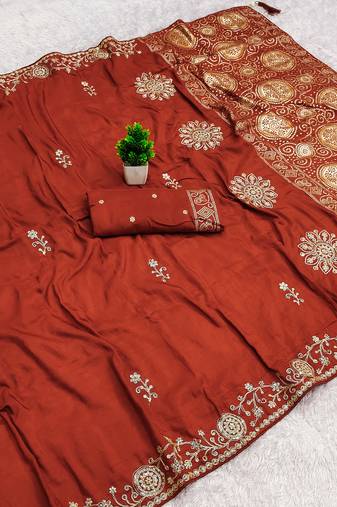 Rust satin with zari embrodery work saree with unstitched blouse piece