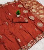 Rust satin with zari embrodery work saree with unstitched blouse piece
