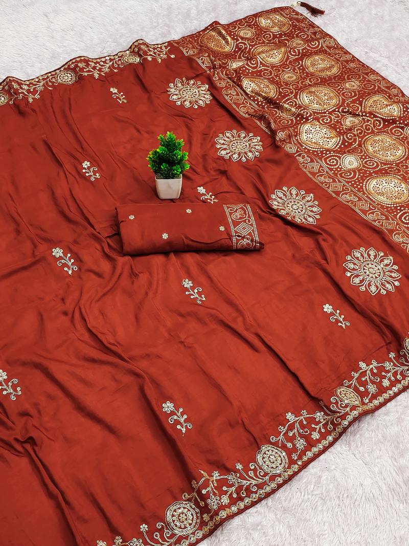 Rust satin with zari embrodery work saree with unstitched blouse piece
