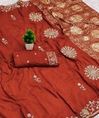 Rust satin with zari embrodery work saree with unstitched blouse piece 2