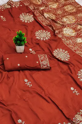 Rust satin with zari embrodery work saree with unstitched blouse piece