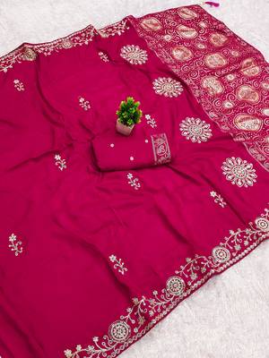 Rani pink satin with zari embrodery work saree with unstitched blouse piece 1