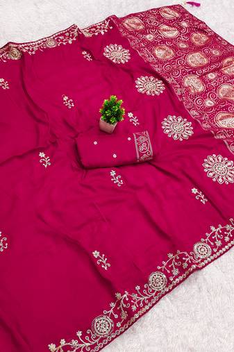 Rani pink satin with zari embrodery work saree with unstitched blouse piece