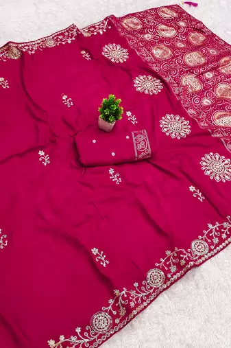 Rani pink satin with zari embrodery work saree with unstitched blouse piece