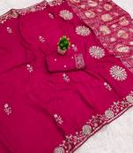 Rani pink satin with zari embrodery work saree with unstitched blouse piece