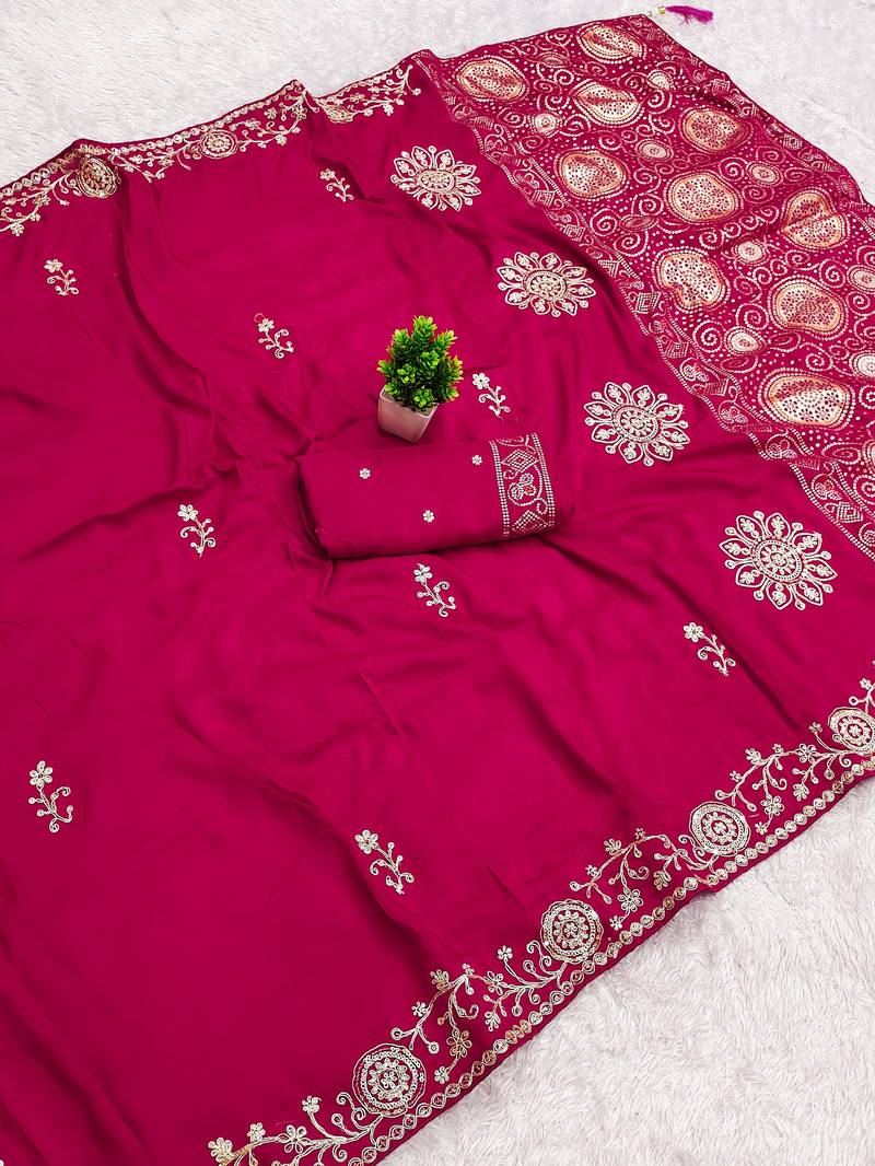 Rani pink satin with zari embrodery work saree with unstitched blouse piece
