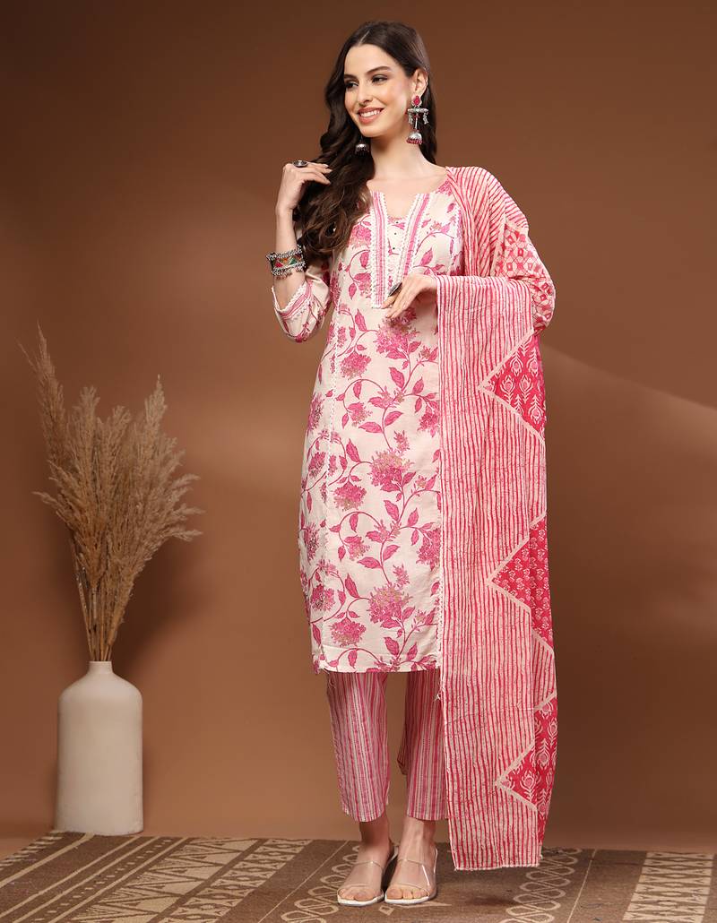 Off white floral printed cotton stitched kurta set with palazzo & dupatta for women
