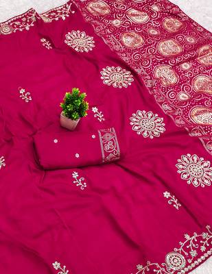 Rani pink satin with zari embrodery work saree with unstitched blouse piece 2