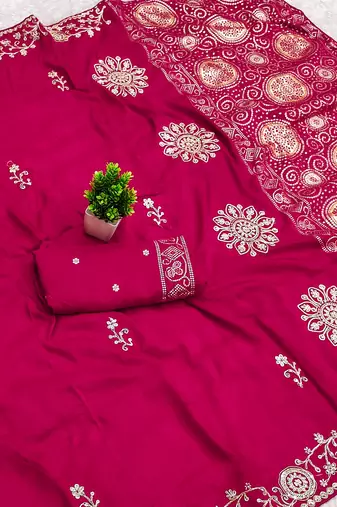 Rani pink satin with zari embrodery work saree with unstitched blouse piece