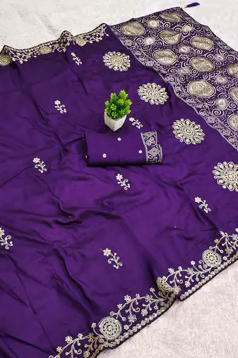 Purple satin with zari embrodery work saree with unstitched blouse piece