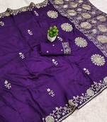 Purple satin with zari embrodery work saree with unstitched blouse piece