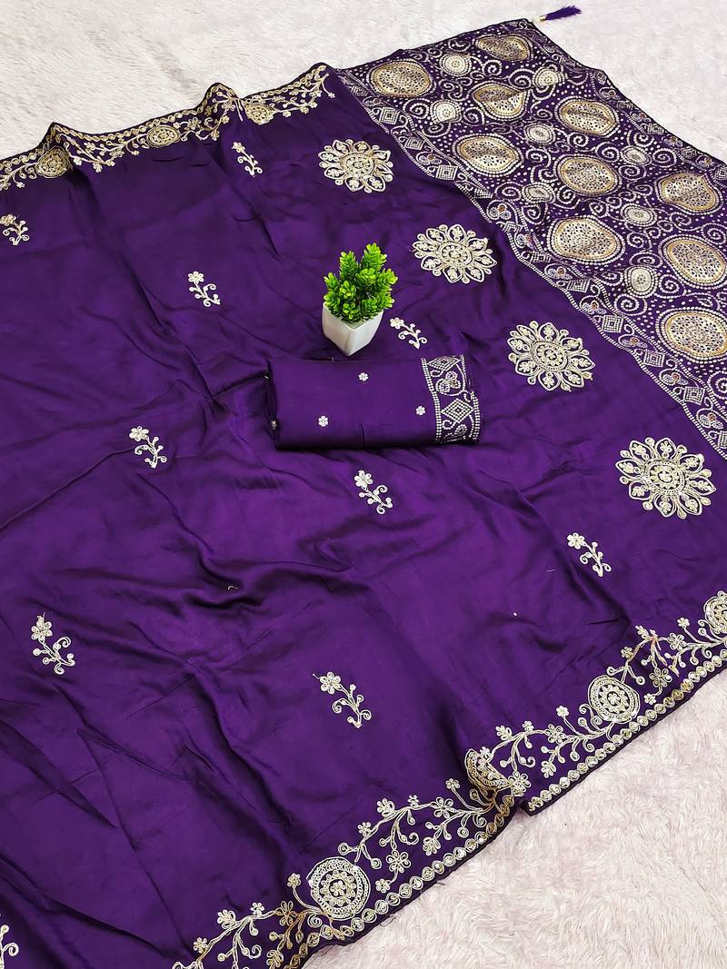 Purple satin with zari embrodery work saree with unstitched blouse piece