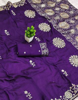 Purple satin with zari embrodery work saree with unstitched blouse piece 2