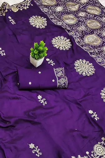 Purple satin with zari embrodery work saree with unstitched blouse piece