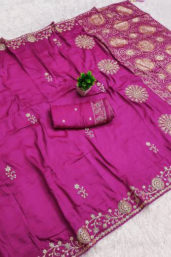 Pink satin with zari embrodery work saree with unstitched blouse piece