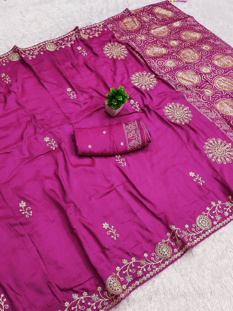 Pink satin with zari embrodery work saree with unstitched blouse piece