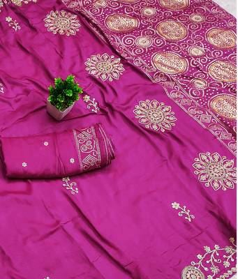 Pink satin with zari embrodery work saree with unstitched blouse piece 2