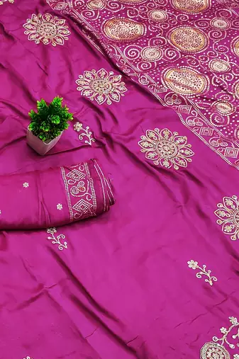 Pink satin with zari embrodery work saree with unstitched blouse piece