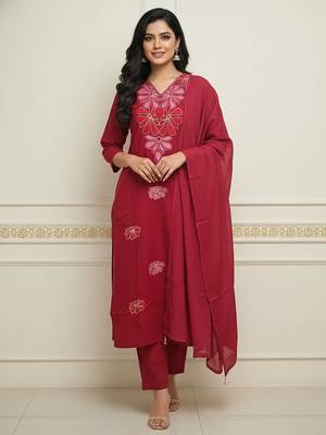 Maroon floral printed cotton stitched kurta set with palazzo & dupatta for women 5