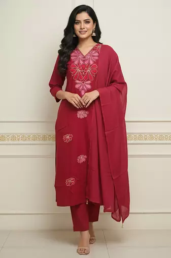 Maroon floral printed cotton stitched kurta set with palazzo & dupatta for women